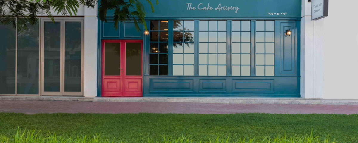 Modern bakery exterior in Dubai, professionally photographed by IBN Films.