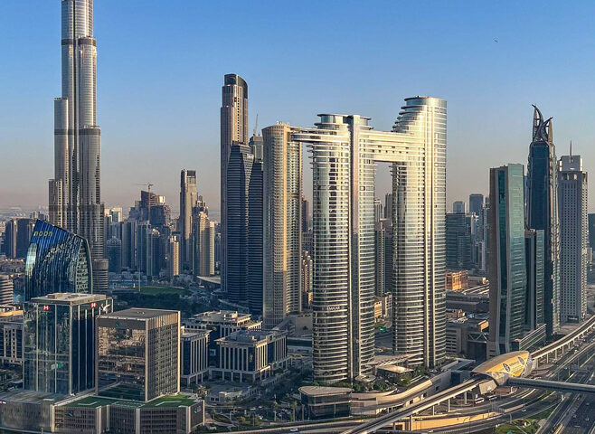 Modern high-rise buildings in Dubai, captured with architectural photography by IBN Films.