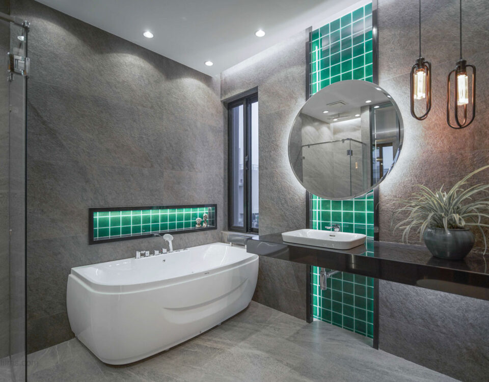 Modern bathroom interior with bathtub and jacuzzi in a Dubai residence, architectural interior photography by IBN Films