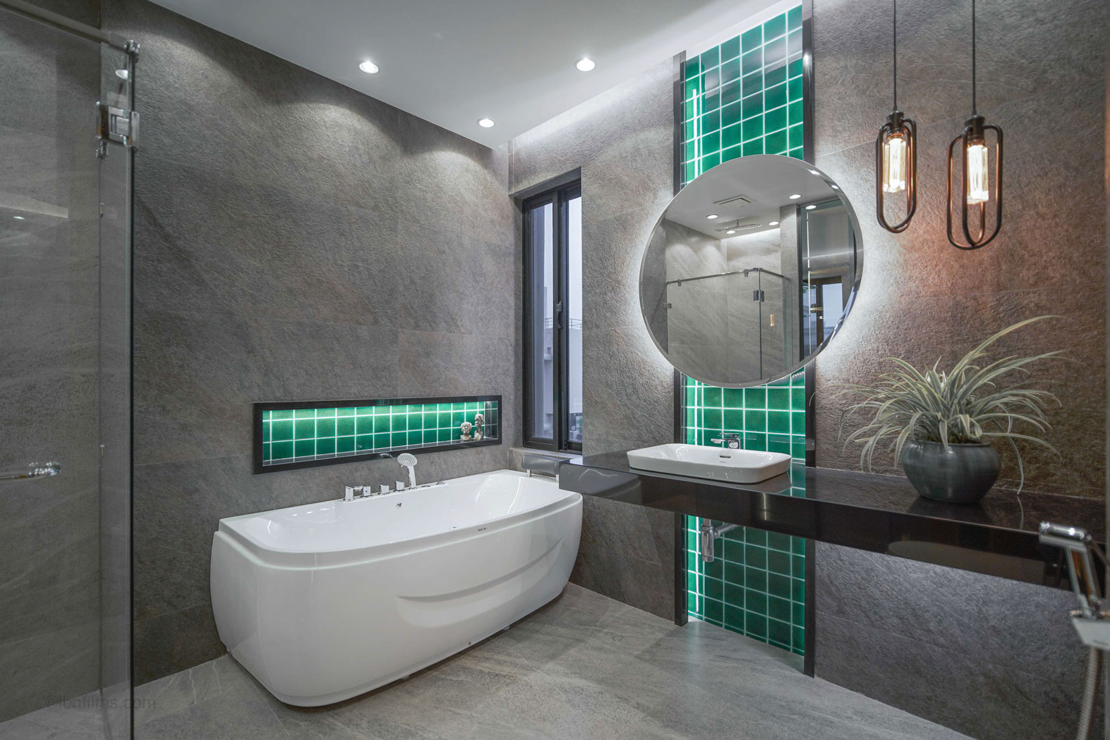 Modern bathroom interior with bathtub and jacuzzi in a Dubai residence, architectural interior photography by IBN Films