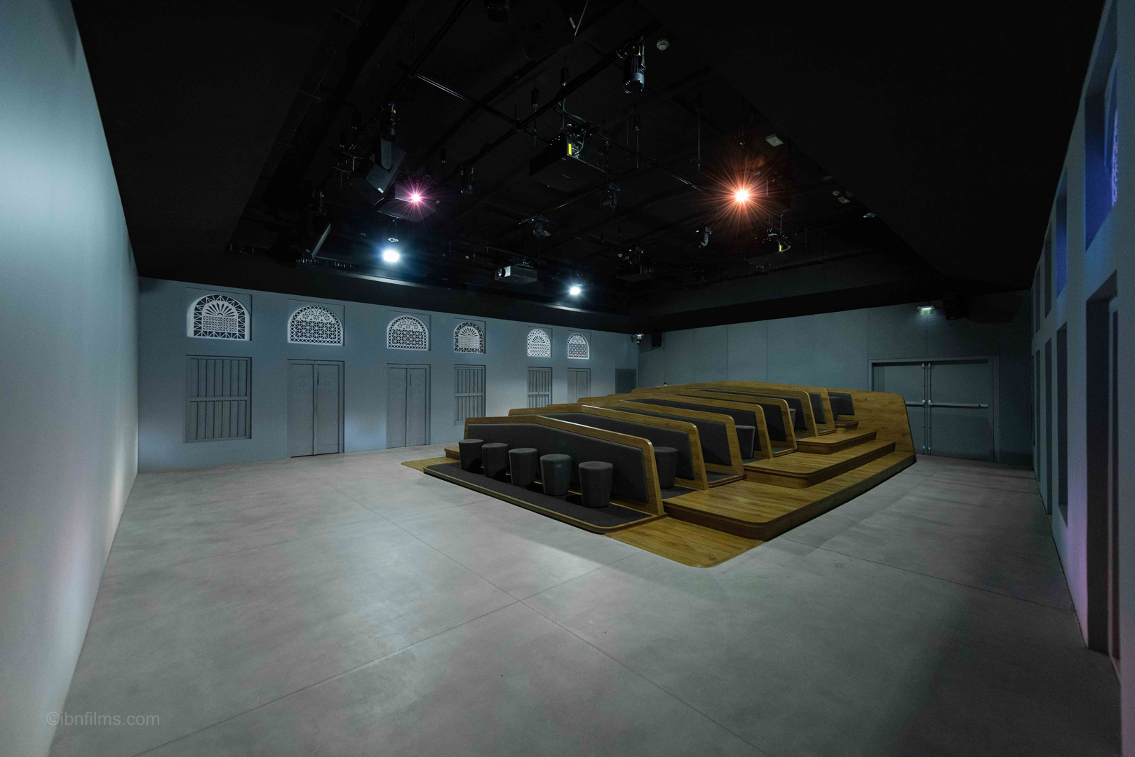 Modern auditorium interior in Dubai with contemporary architectural design, professional interior photography by IBN Films