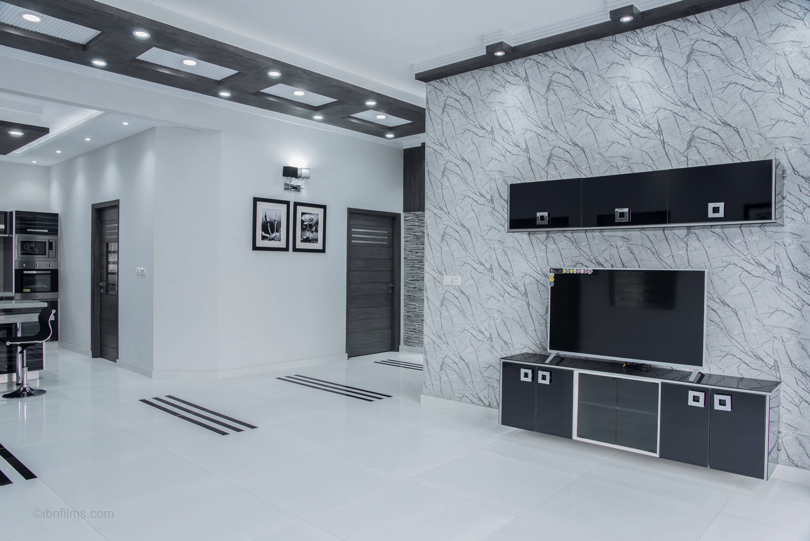 Modern TV lounge interior in Dubai with contemporary design, photographed by IBN Films.