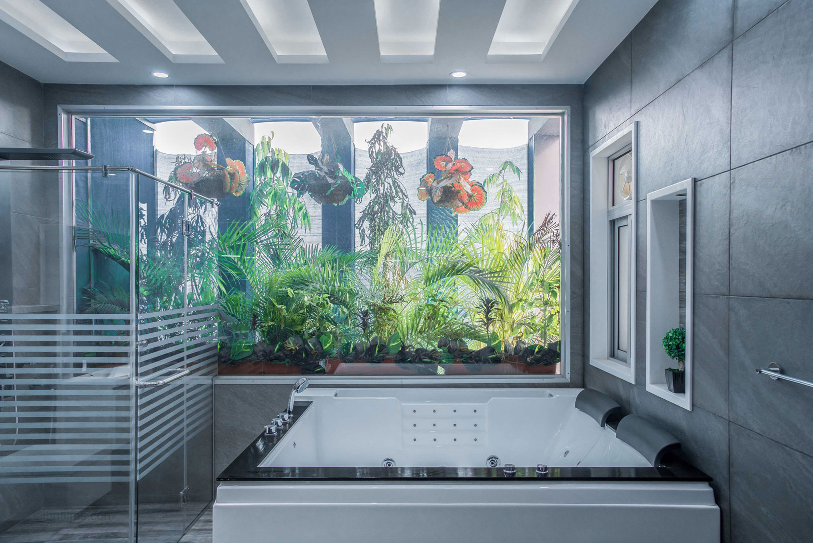 Modern interior space in Dubai featuring a built-in fish aquarium, photographed by IBN Films.