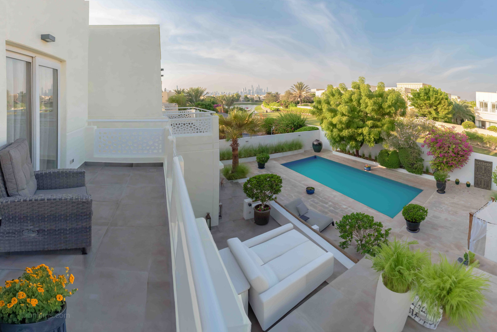 Outdoor architecture photography featuring a modern pool view with contemporary design in Dubai
