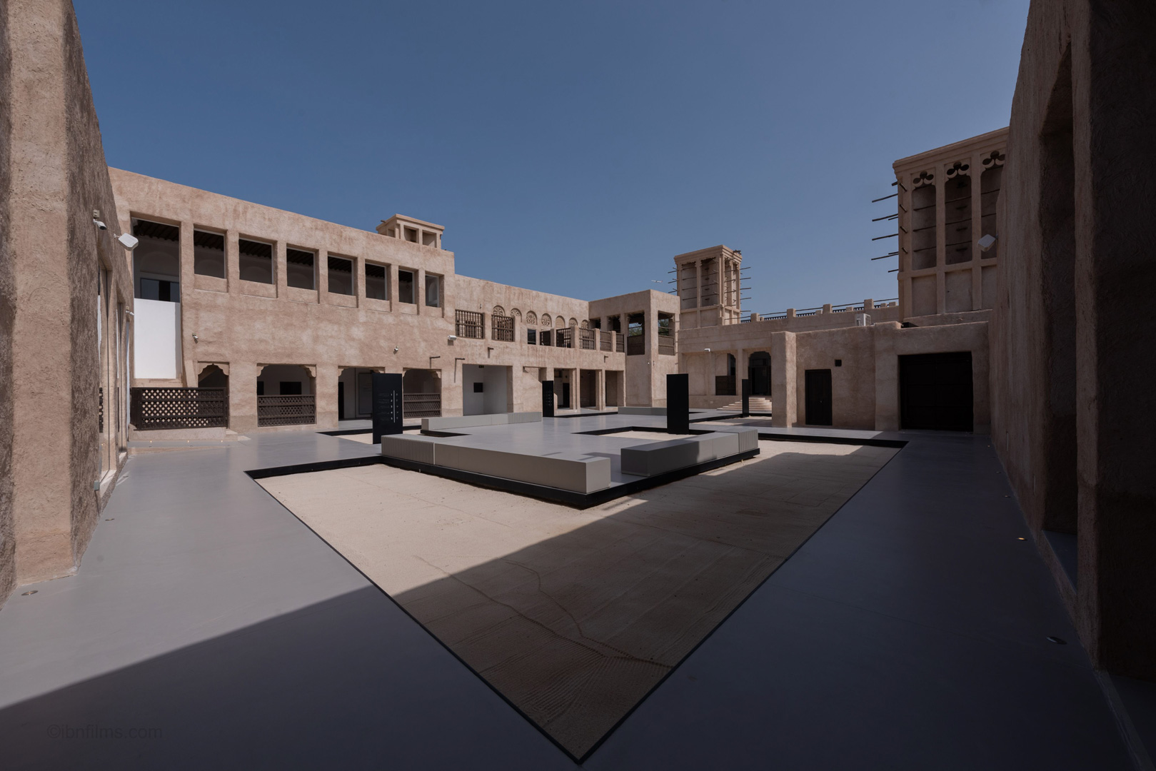 Modern outdoor architecture photography showing a contemporary space with minimalist design in Dubai