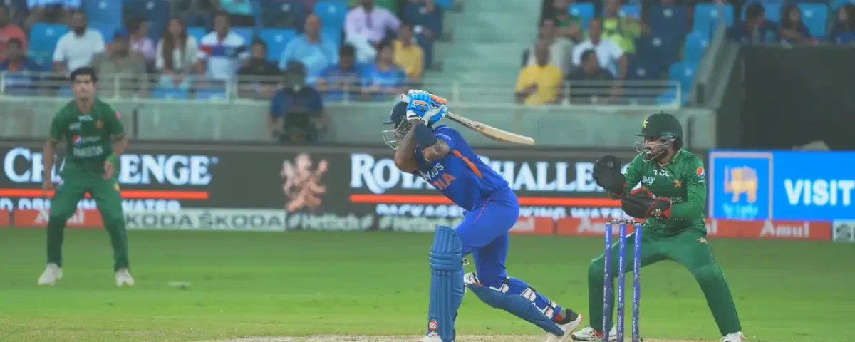 Cricket batsman captured in action during a match in Dubai, UAE, photographed by IBN Films