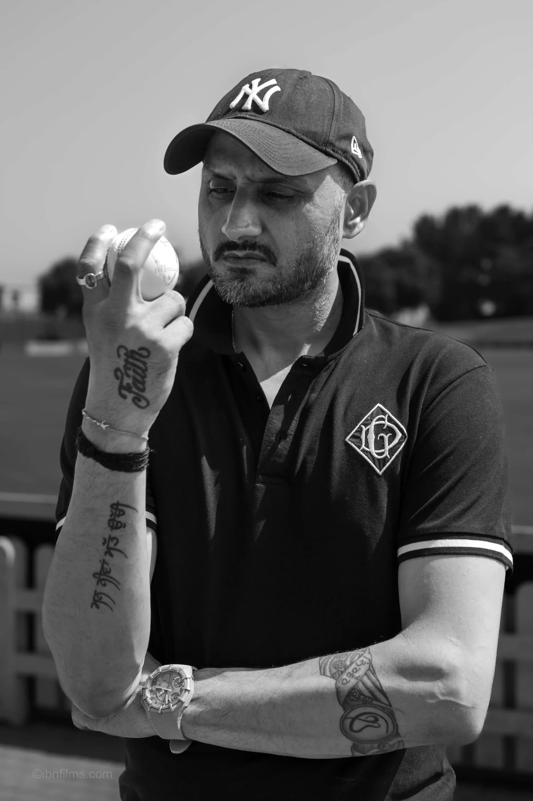 Black and white portrait of a cricketer captured in Dubai, UAE, photographed by IBN Films
