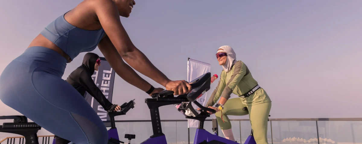 Cyclists training on a professional cycling track in Dubai, UAE, captured during a cycling training session by IBN Films