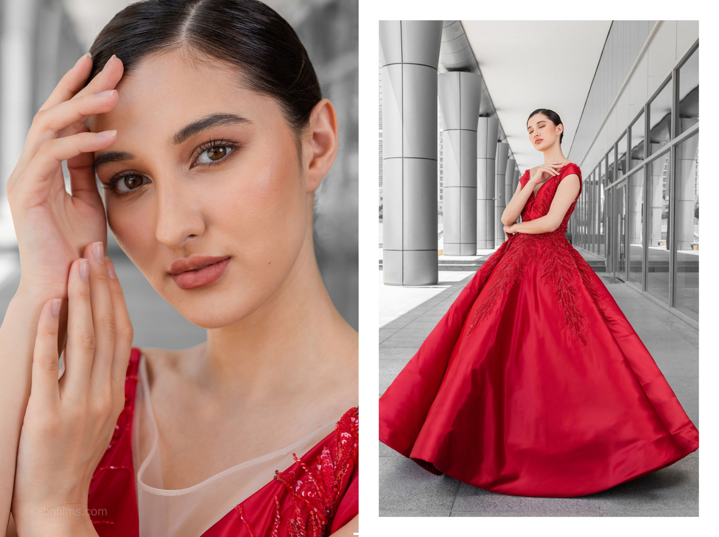 Fashion beauty portrait photography in Dubai highlighting flawless makeup, elegant styling, and refined facial expressions