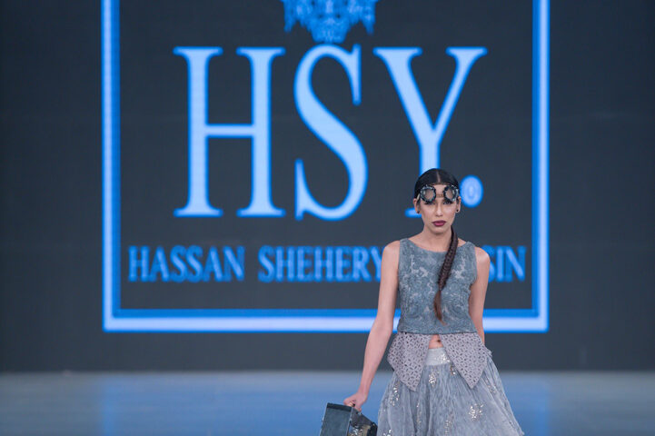 Fashion event branding photography in Dubai featuring a model presenting designs by famous Pakistani fashion designer HSY