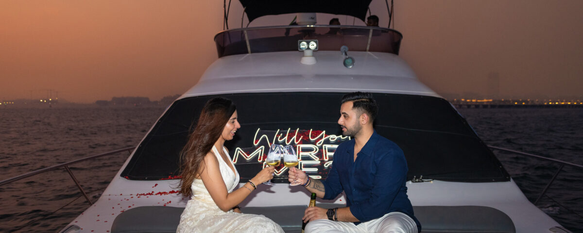 Luxury marriage proposal on a private boat in Dubai captured by Ibn Films