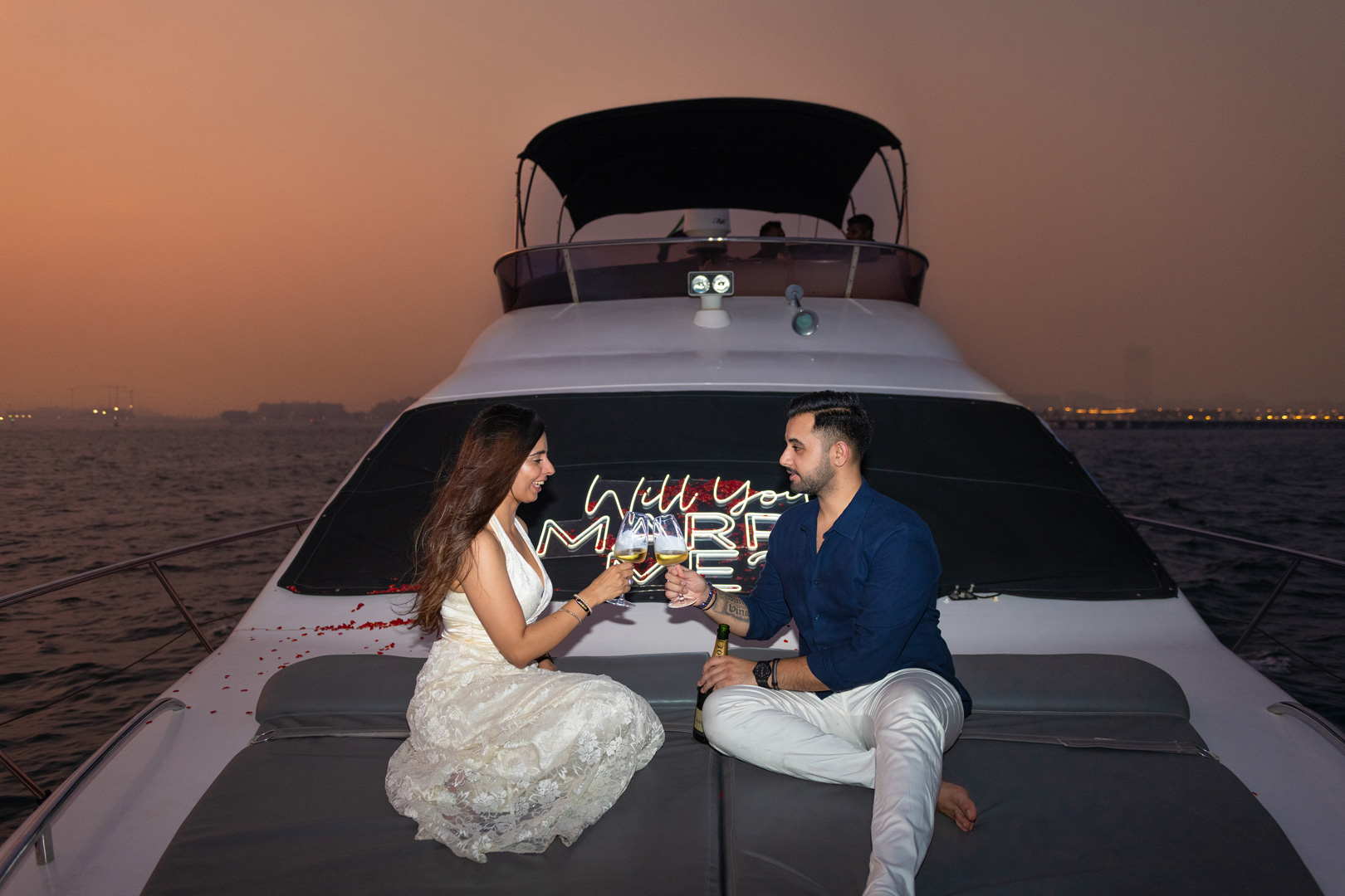 Luxury marriage proposal on a private boat in Dubai captured by Ibn Films