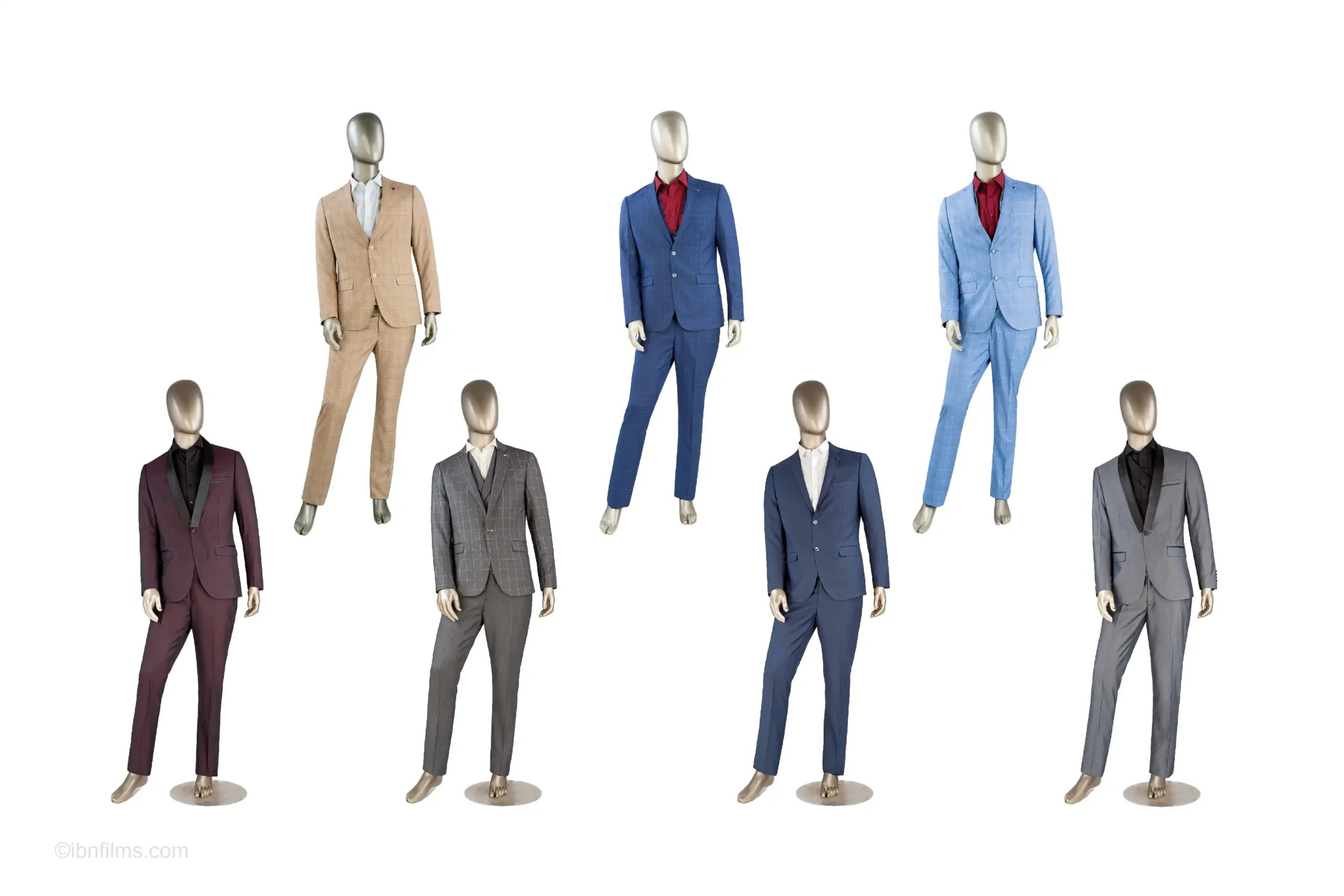 A professional photograph of a well-curated men's retail clothing collection display in a modern store environment by IBN FILMS.