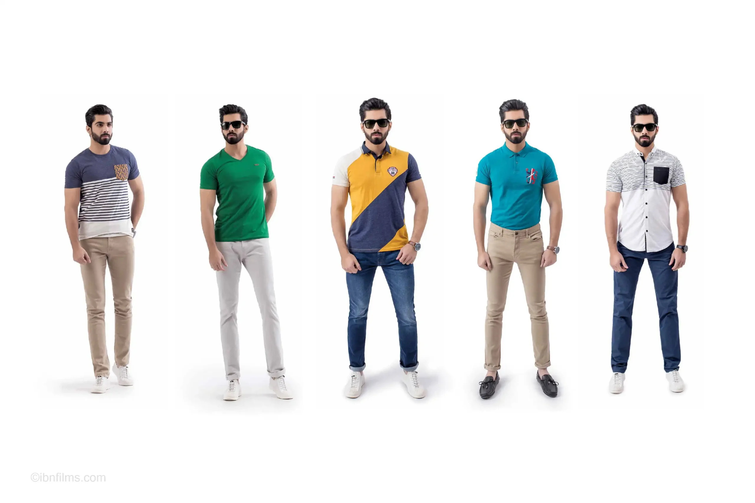 A visually appealing retail display showcasing a stylish men's clothing collection in a modern store environment, photographed by IBN FILMS.