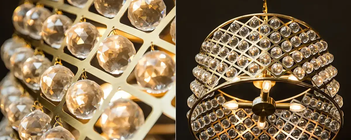 A luxurious modern crystal pendant light fixture photographed in a contemporary interior setting in the UAE by IBN FILMS.