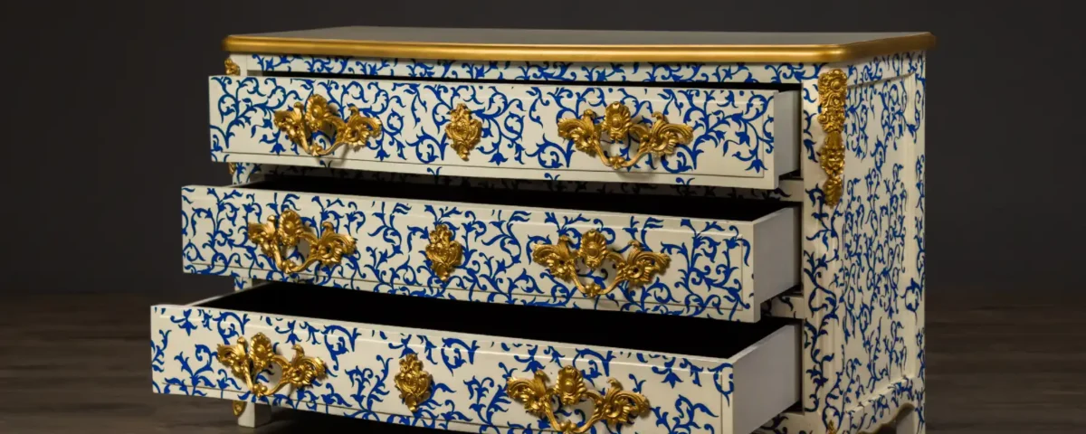 Professional studio photography of a luxury ornate patterned chest of drawers by IBN FILMS.