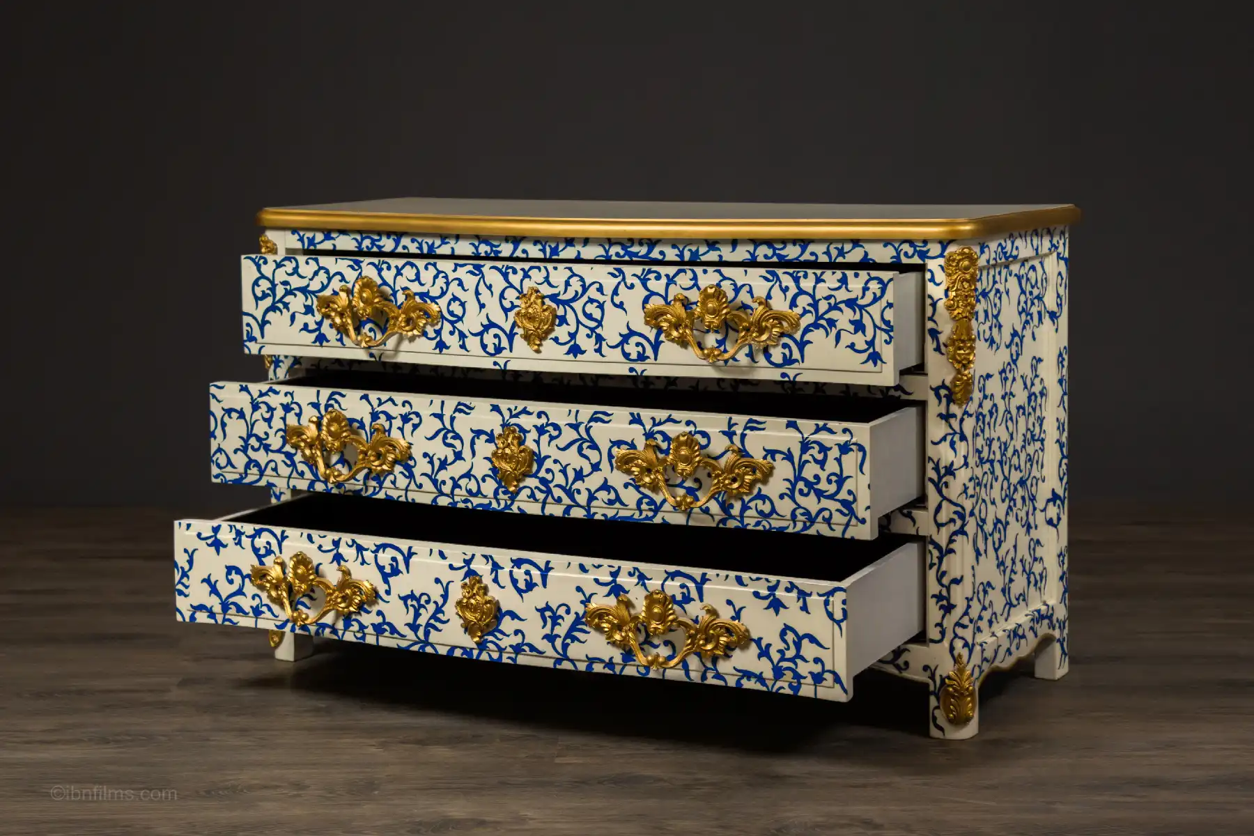 Professional studio photography of a luxury ornate patterned chest of drawers by IBN FILMS.