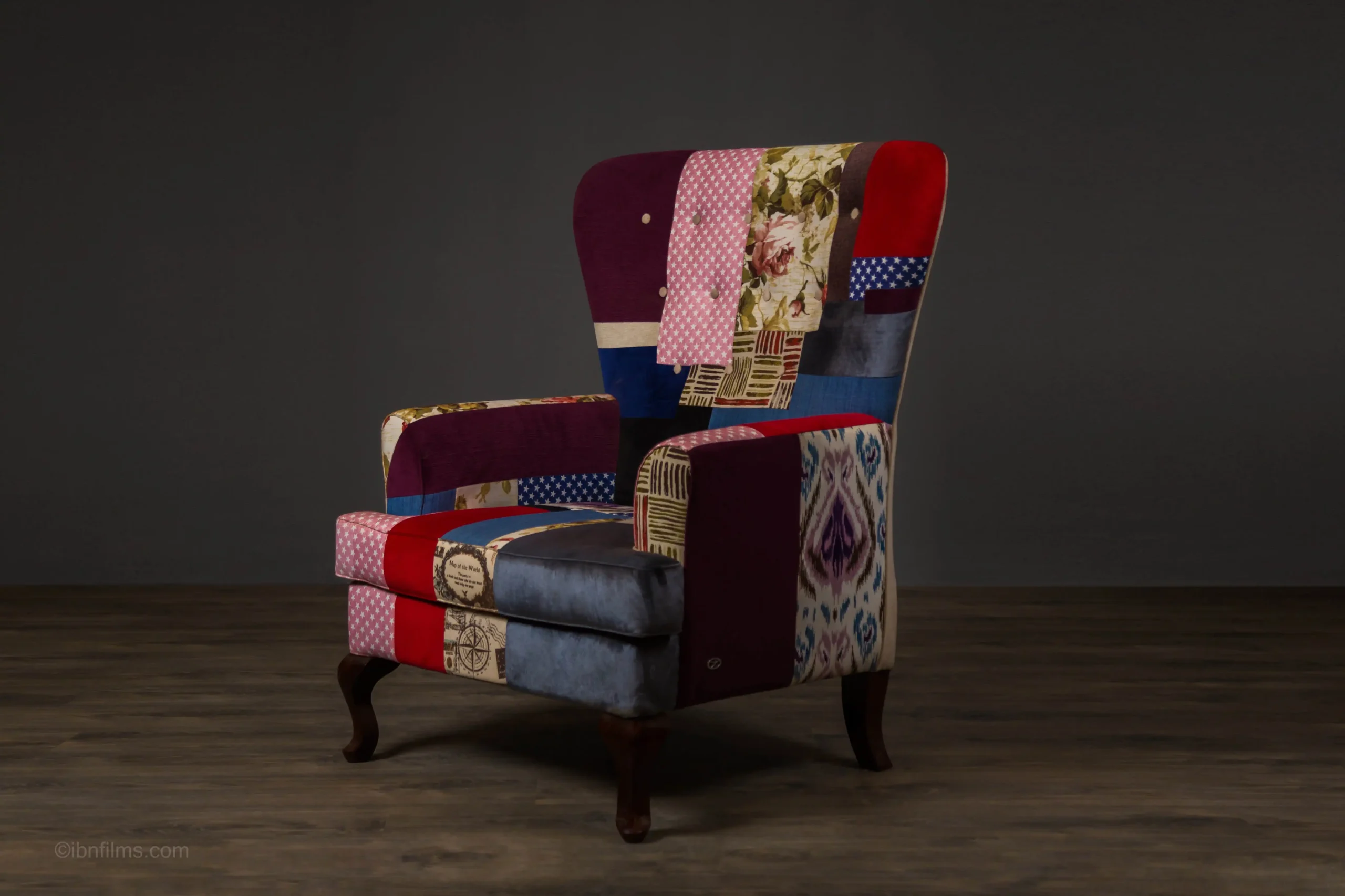 High-quality commercial photography of a vibrant patchwork armchair for furniture branding by IBN FILMS.