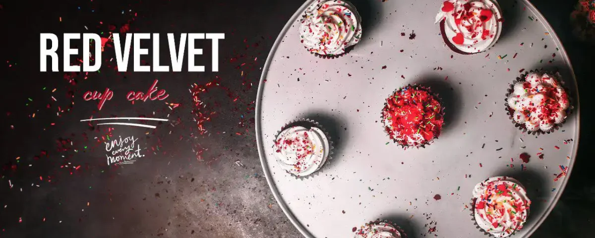 Flat lay shot of red velvet cake styled for professional food photography in Dubai, captured by IBN Films.