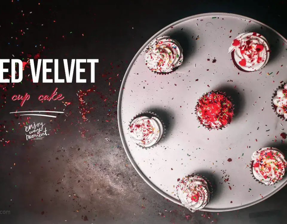 Flat lay shot of red velvet cake styled for professional food photography in Dubai, captured by IBN Films.