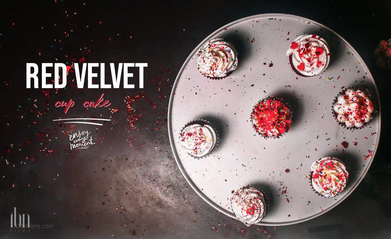 Flat lay shot of red velvet cake styled for professional food photography in Dubai, captured by IBN Films.