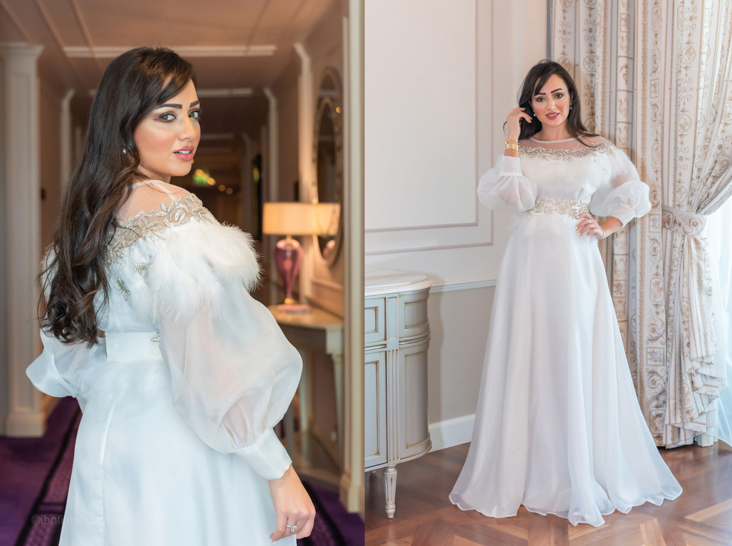 Model wearing a white bridal dress during a fashion photoshoot in Dubai, photographed by IBN Films.