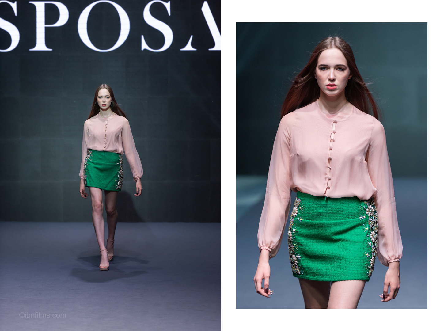 Womenswear fashion model walking the runway at a fashion show in Dubai, photographed by IBN Films.