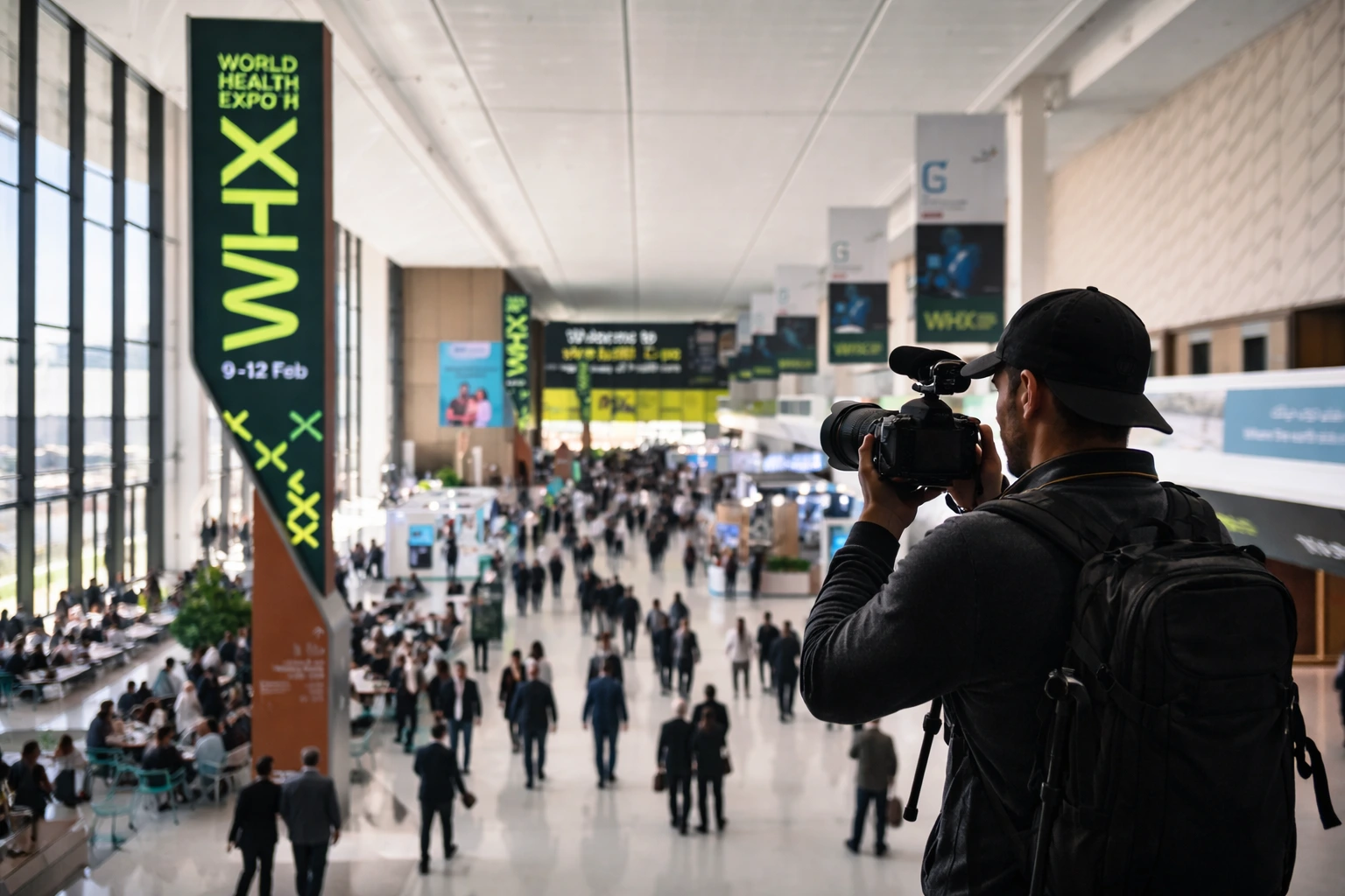 Event photographer silhouette capturing World Health Expo Dubai WHX inside exhibition hall